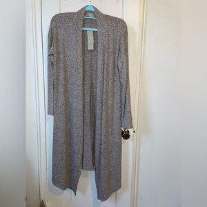 JOAN VASS Heathered Mushroom Open Front Long Line Cardigan